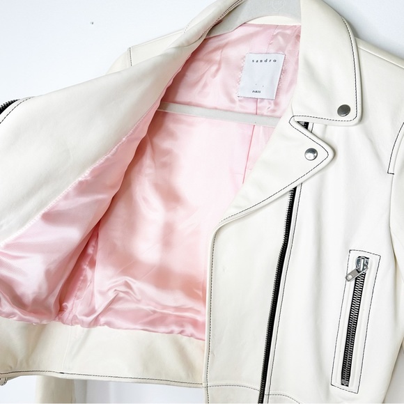 Sandro Edwin White Sheep Leather Cropped Motorcycle Jacket A1A Moto Size Small/6 - Picture 13 of 15